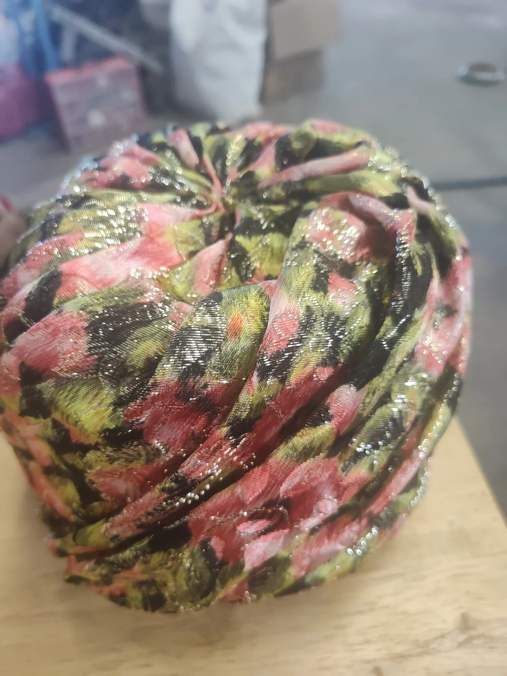 Floral Turban Hat in Black with Pink & Green & Gold Accents